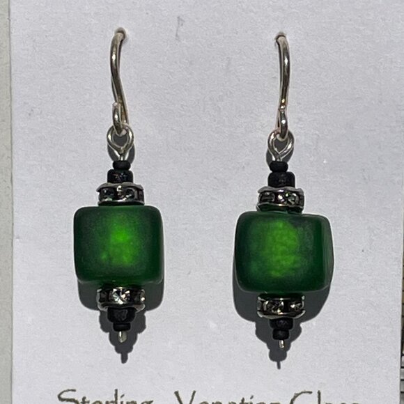 Venetian Fire Earrings Artisan Sterling Silver 24k Gold Green Venetian Glass OS - Picture 3 of 5